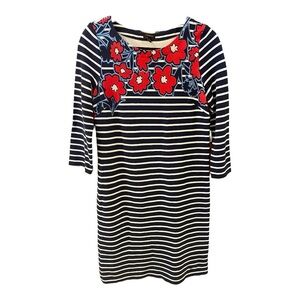 Talbot’s Dress, Size M, Blue Stripes & Red Poppies, 100% Cotton, 3/4 Sleeves.
